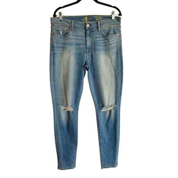 7 For All Mankind "The High Waist" Distressed Skinny Jeans Size 32 - Picture 1 of 8